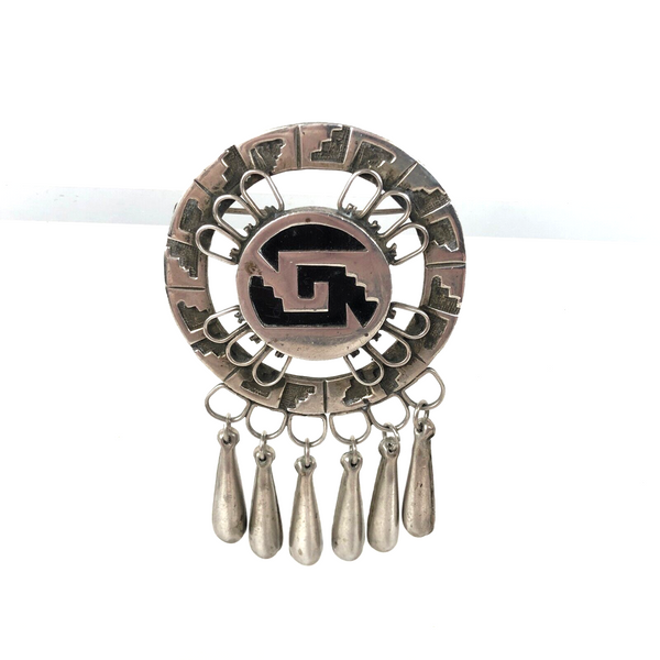 Mexican Vintage Sterling Silver 925 Dangle Brooch Pin w Enamel 3.25" Estate Find