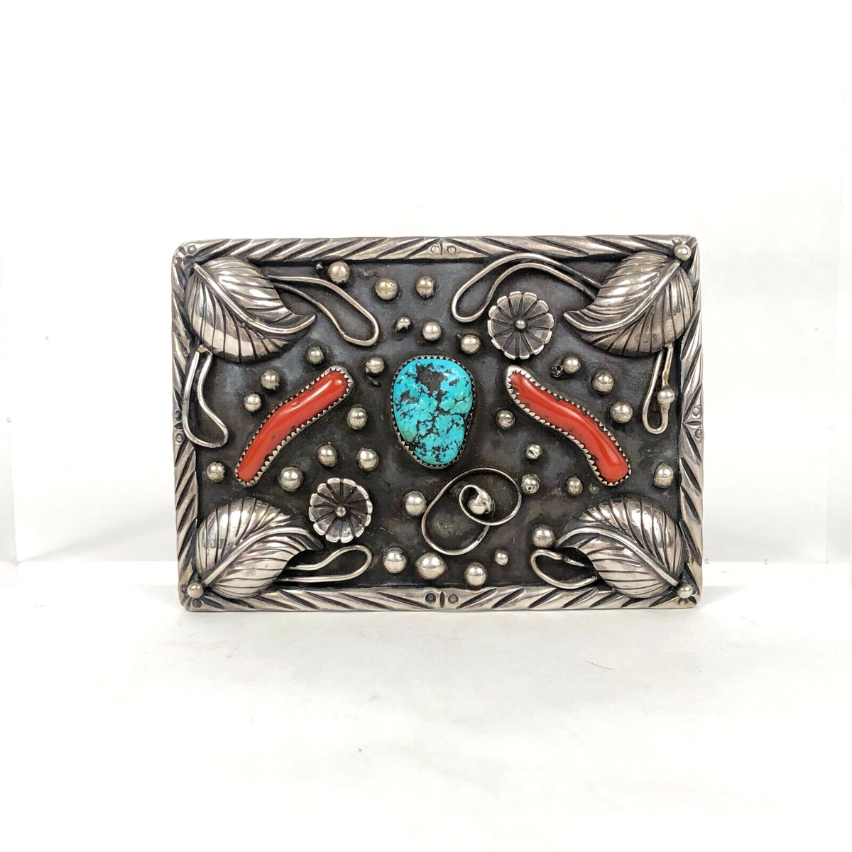 Yourgreatfinds Old Navajo Sterling Silver Belt Buckle Turquoise Coral