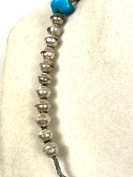 Navajo Pearl Bench Beads Natural Turquoise Nugget 29" Sterling Silver Necklace