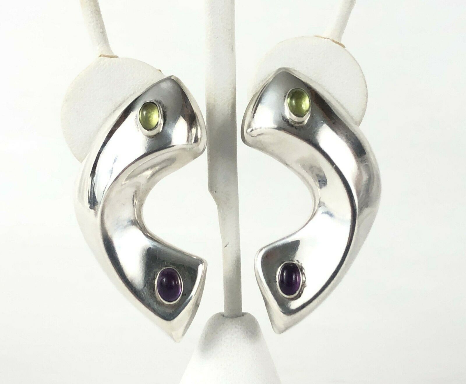 Puffed Amethyst Peridot Modernist Sterling Silver 925 Earrings Estate Find 2"