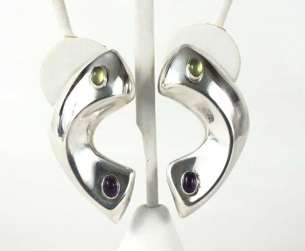 Puffed Amethyst Peridot Modernist Sterling Silver 925 Earrings Estate Find 2"