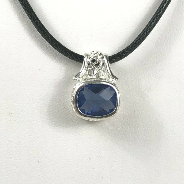 NEW Sterling Silver 925 Adjustable Fancy Pendant with Simulated Blue Gemstone