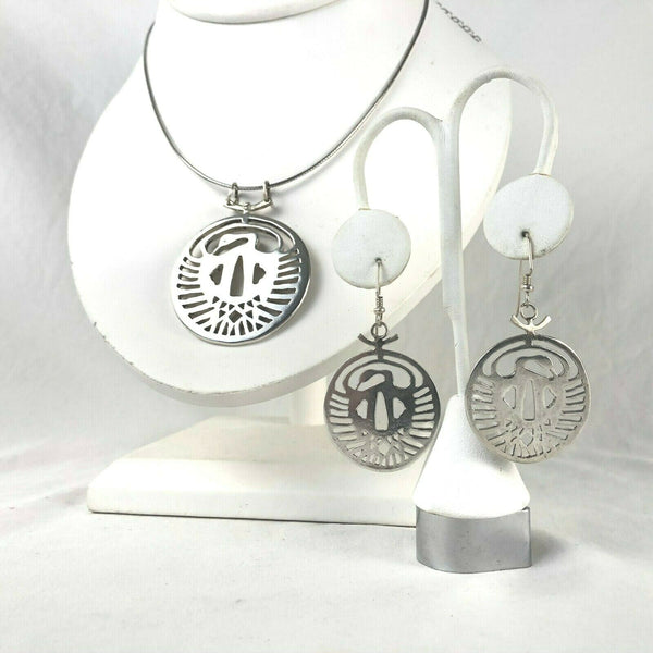 Sword Tsuba Custom Sterling Silver Crane Mon Family Crest Necklace Earring Set