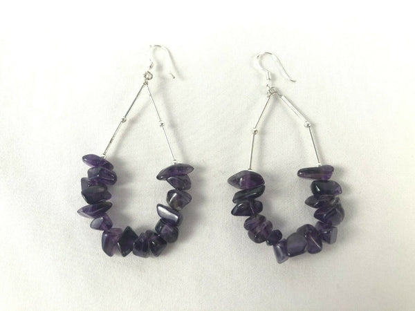 Sterling Silver 925 Amethyst Nugget Dangle Drop Earrings 2.75" Estate Find