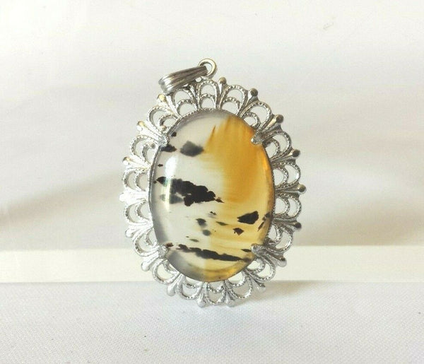 Picture Agate Pendant w Fancy Sterling Filigree Mounting