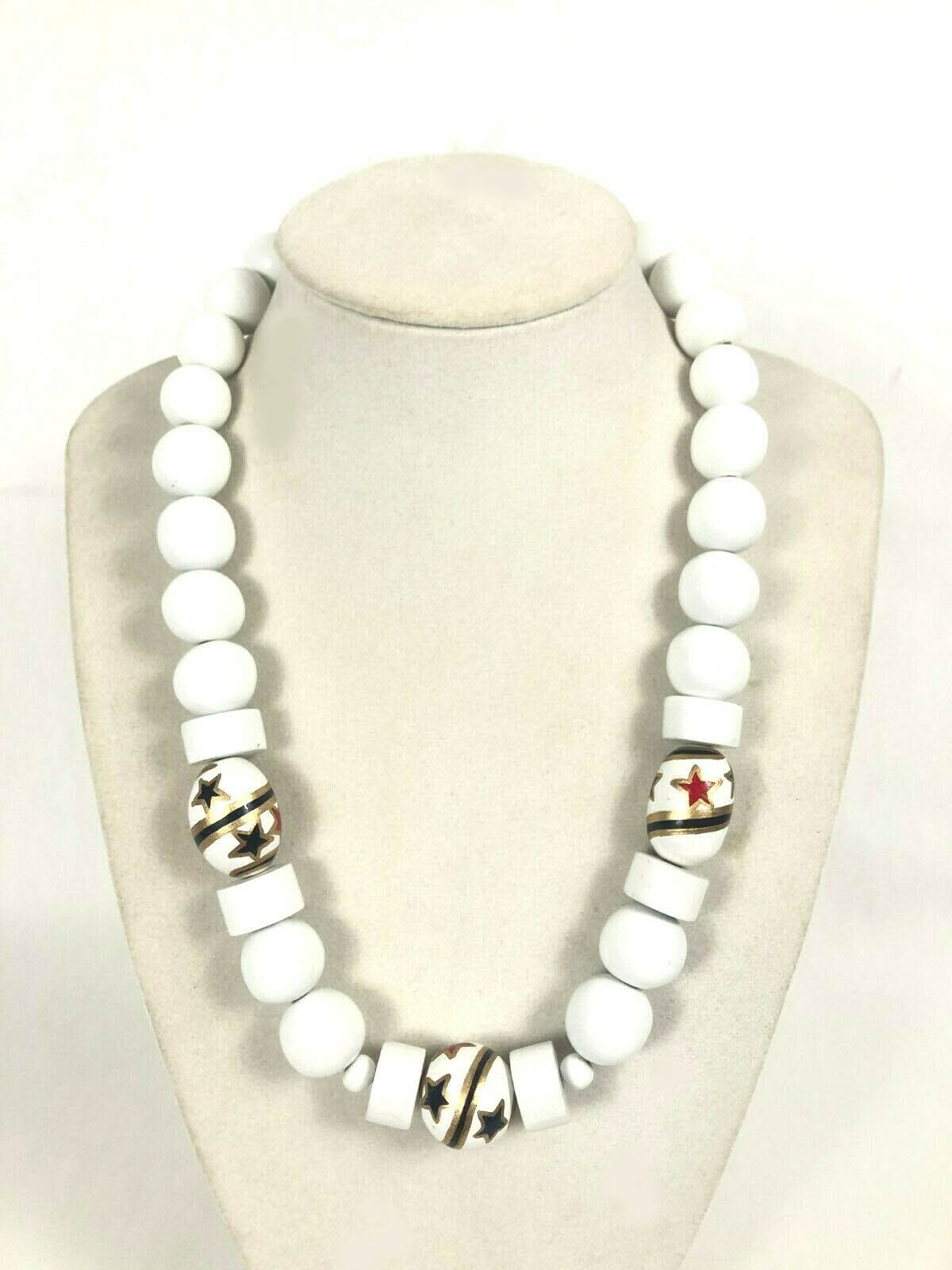 Vintage 80's Red White Blue Painted Star Wood Bead 25" Necklace VGC