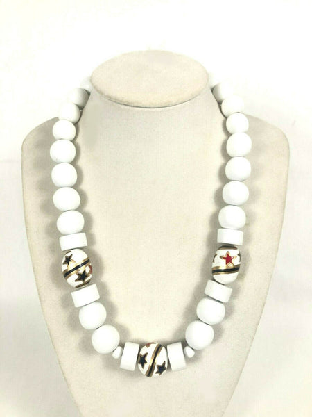 Vintage 80's Red White Blue Painted Star Wood Bead 25" Necklace VGC