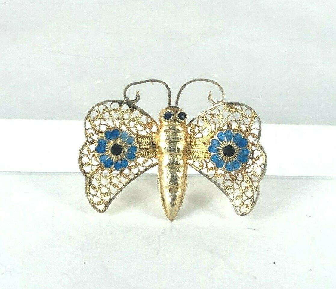Chinese Vintage Sterling Silver 925 Enamel Gilt Filigree Butterfly Pin Estate Find