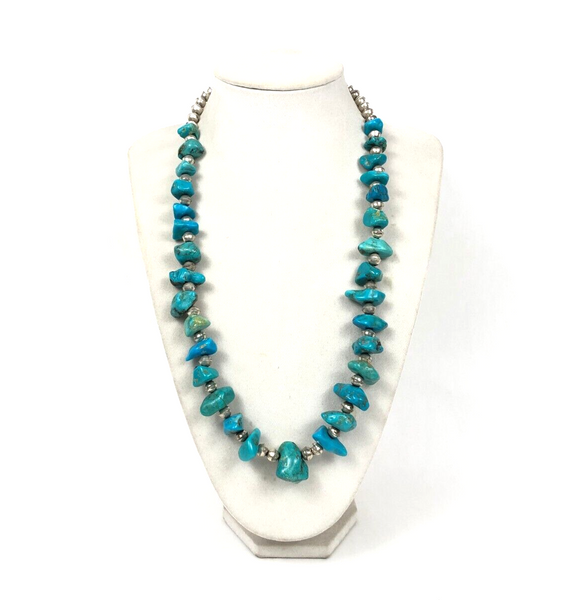 Navajo Pearl Bench Beads Natural Turquoise Nugget 29" Sterling Silver Necklace