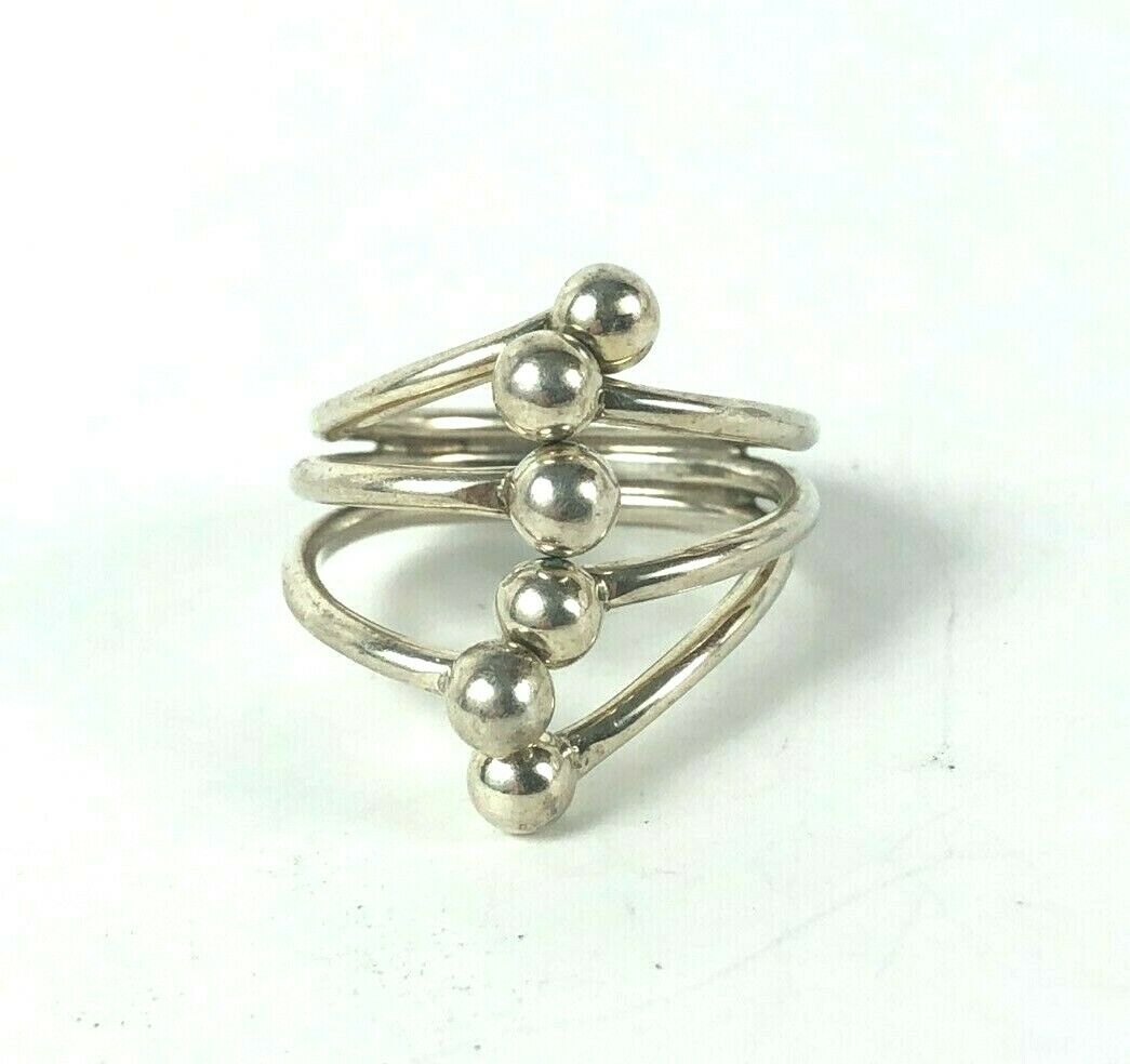Wavy Three Band Ball Ring Wide Sterling Silver 925 Sz 7 Estate Find