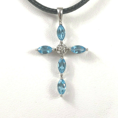 NEW 10k White Gold Marquise Blue Topaz Diamond Christian Cross Necklace