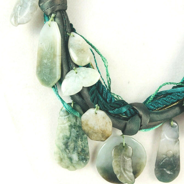 Jade Statement Necklace Multi Satin Cord w 24 Unique Carvings