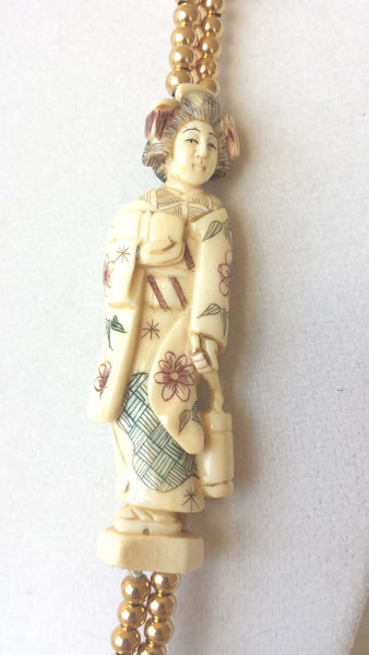 Estate Jewelry 14k Yellow Gold Necklace 31.5" Vintage Geisha Netsuke Bead