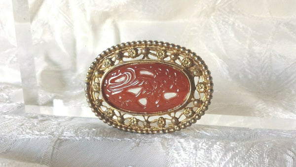 Vintage Carnelian Peking Glass Flower Design Brooch Pin 2 3/8"
