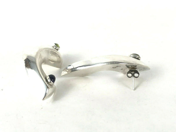 Puffed Amethyst Peridot Modernist Sterling Silver 925 Earrings Estate Find 2"