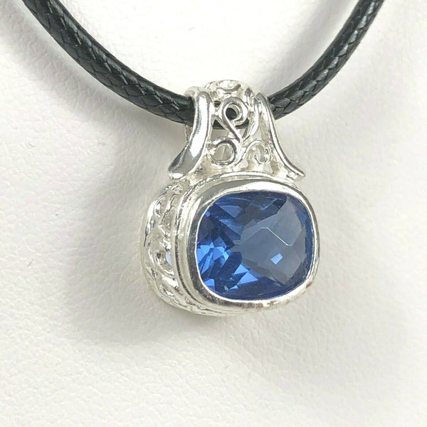 NEW Sterling Silver 925 Adjustable Fancy Pendant with Simulated Blue Gemstone