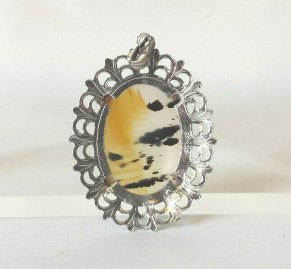 Picture Agate Pendant w Fancy Sterling Filigree Mounting 