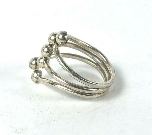 Wavy Three Band Ball Ring Wide Sterling Silver 925 Sz 7 Estate Find