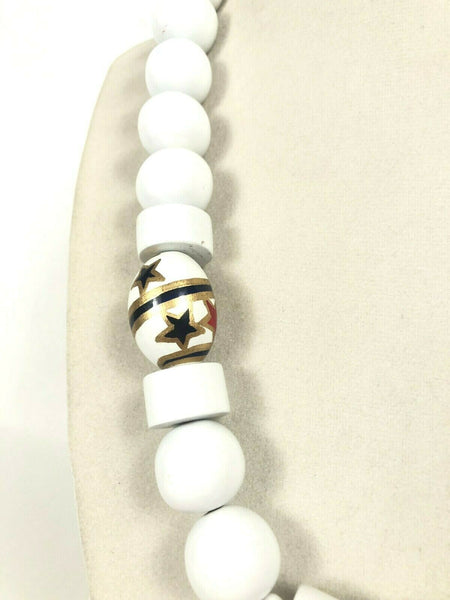 Vintage 80's Red White Blue Painted Star Wood Bead 25" Necklace VGC