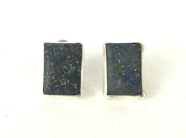Sterling Silver 925 Rough Dark Blue Stone Silver Flecks Earrings Estate .75"