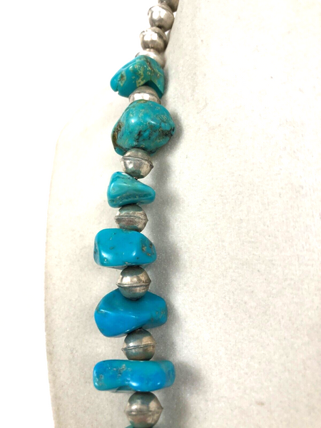 Navajo Pearl Bench Beads Natural Turquoise Nugget 29" Sterling Silver Necklace