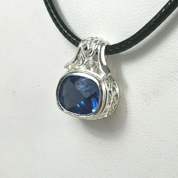 NEW Sterling Silver 925 Adjustable Fancy Pendant with Simulated Blue Gemstone