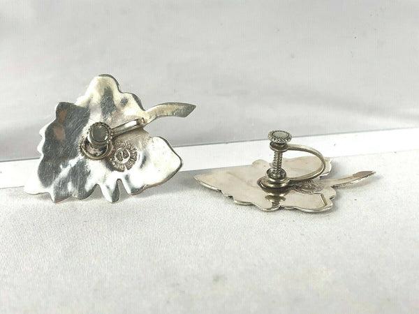 Taxco Mexico Abalone Leaf Screw Back Earrings Sterling Silver