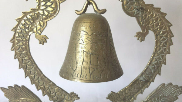 Vintage Engraved Chinese Dragon Brass Hanging Bell 10.5"