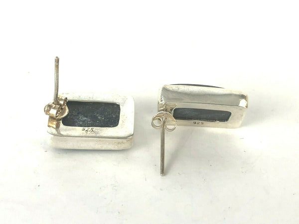 Sterling Silver 925 Rough Dark Blue Stone Silver Flecks Earrings Estate .75"