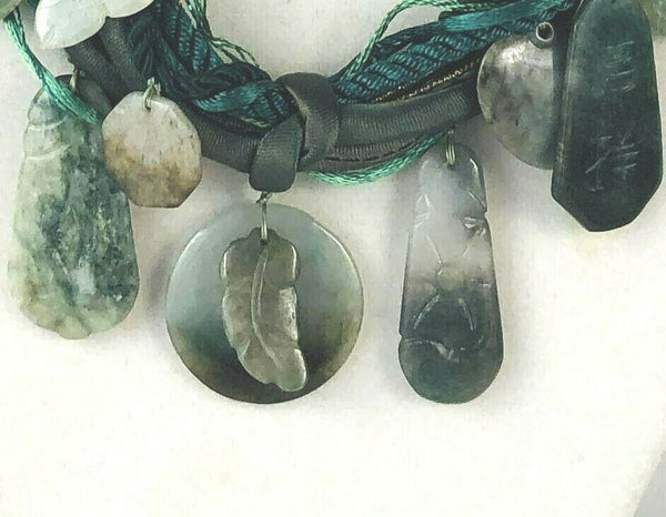 Jade Statement Necklace Multi Satin Cord w 24 Unique Carvings