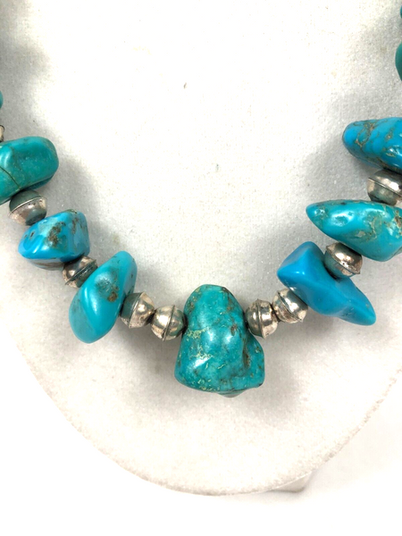Navajo Pearl Bench Beads Natural Turquoise Nugget 29" Sterling Silver Necklace