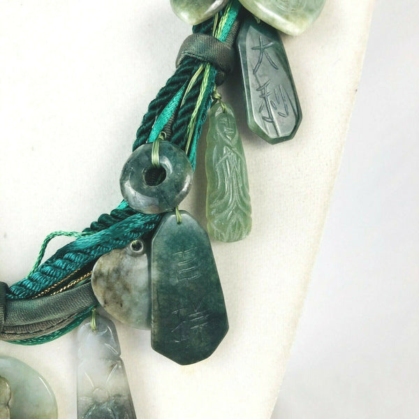 Jade Statement Necklace Multi Satin Cord w 24 Unique Carvings