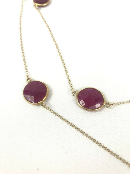 Natural Faceted Round Ruby Bezel Set Necklace w Gold Fill Clasp 37"