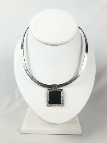 Mexican Hammered Sterling Silver Onyx Pendant Neck Collar Necklace