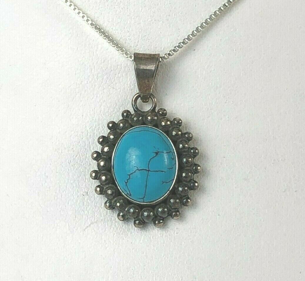 Southwestern Turquoise Sterling Necklace w Box Chain Estate Find 18"