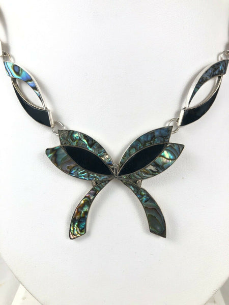 Mexican Inlaid Abalone Black Glass Ribbon Bow Tie Silver Choker