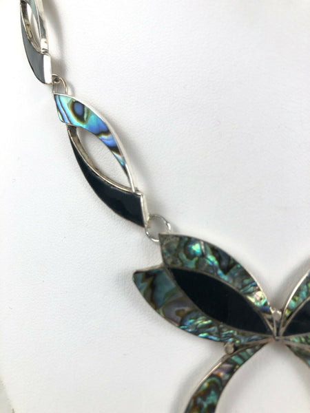 Mexican Inlaid Abalone Black Glass Ribbon Bow Tie Silver Choker