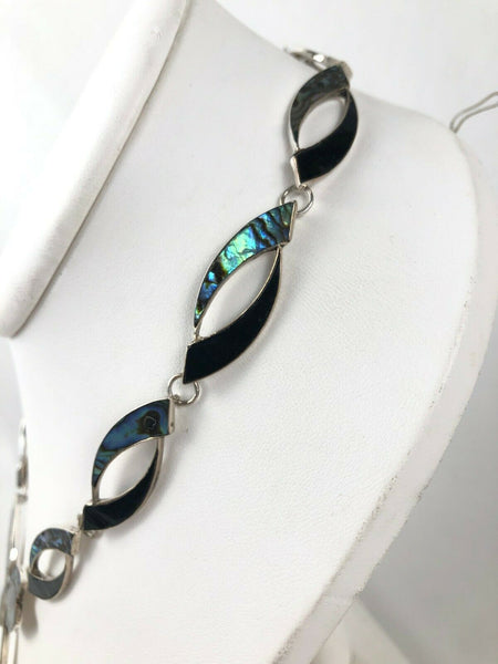 Mexican Inlaid Abalone Black Glass Ribbon Bow Tie Silver Choker