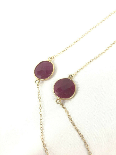 Natural Faceted Round Ruby Bezel Set Necklace w Gold Fill Clasp 37"