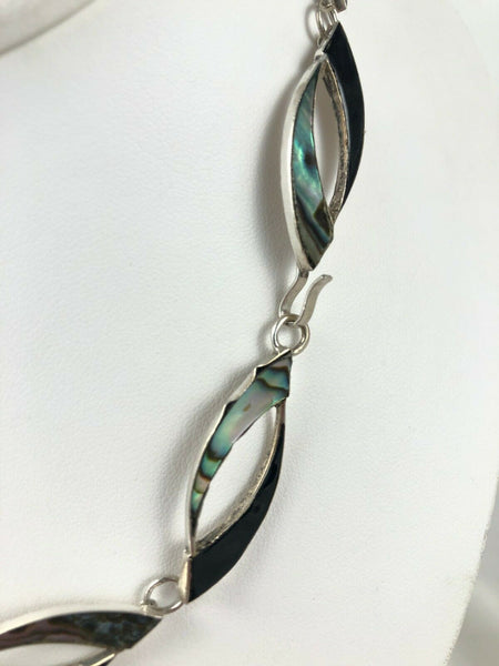Mexican Inlaid Abalone Black Glass Ribbon Bow Tie Silver Choker