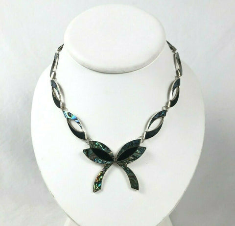 Mexican Inlaid Abalone Black Glass Ribbon Bow Tie Silver Choker