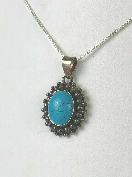 Southwestern Turquoise Sterling Necklace w Box Chain Estate Find 18"