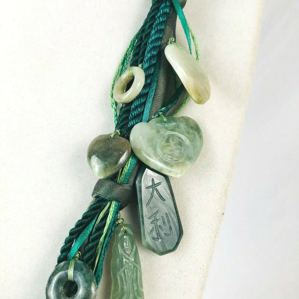 Jade Statement Necklace Multi Satin Cord w 24 Unique Carvings