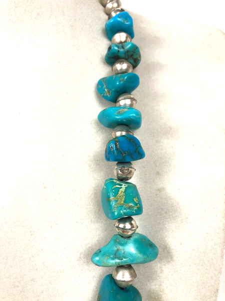 Navajo Pearl Bench Beads Natural Turquoise Nugget 29" Sterling Silver Necklace