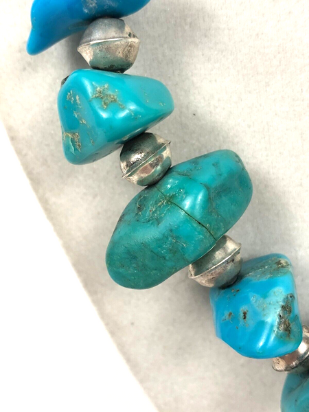 Navajo Pearl Bench Beads Natural Turquoise Nugget 29" Sterling Silver Necklace