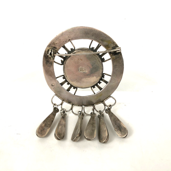 Mexican Vintage Sterling Silver 925 Dangle Brooch Pin w Enamel 3.25" Estate Find