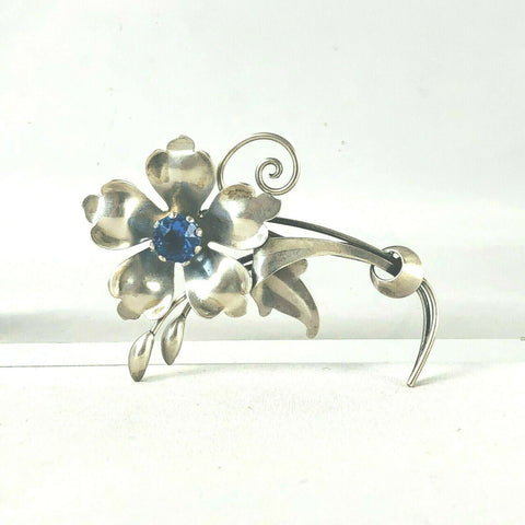 Carl-Art CA Arrow Sterling Silver 925 Blue Glass Stone Flower Pin