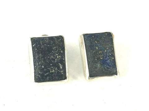 Sterling Silver 925 Rough Dark Blue Stone Silver Flecks Earrings Estate .75"