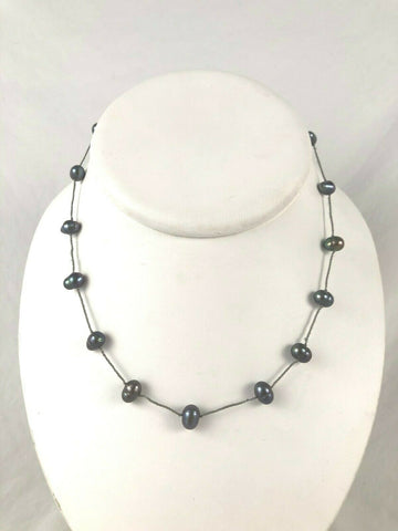 Floating Black Cultured Pearl Strand Necklace Sterling Silver Clasp