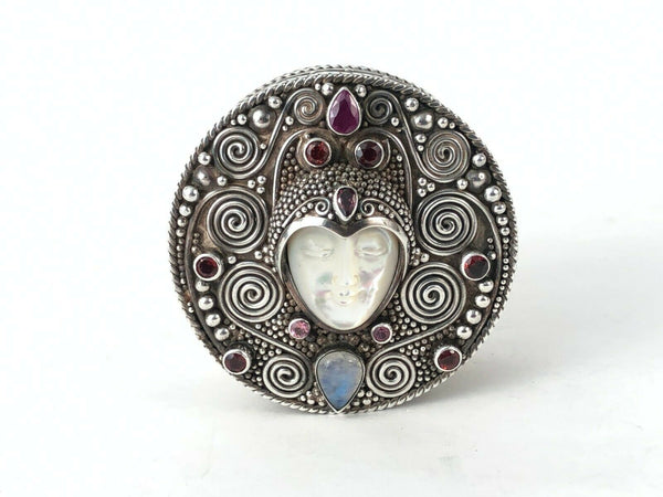 SAJEN Sterling Silver Ruby Moonstone Garnet Goddess Face Trinket Box Estate Find